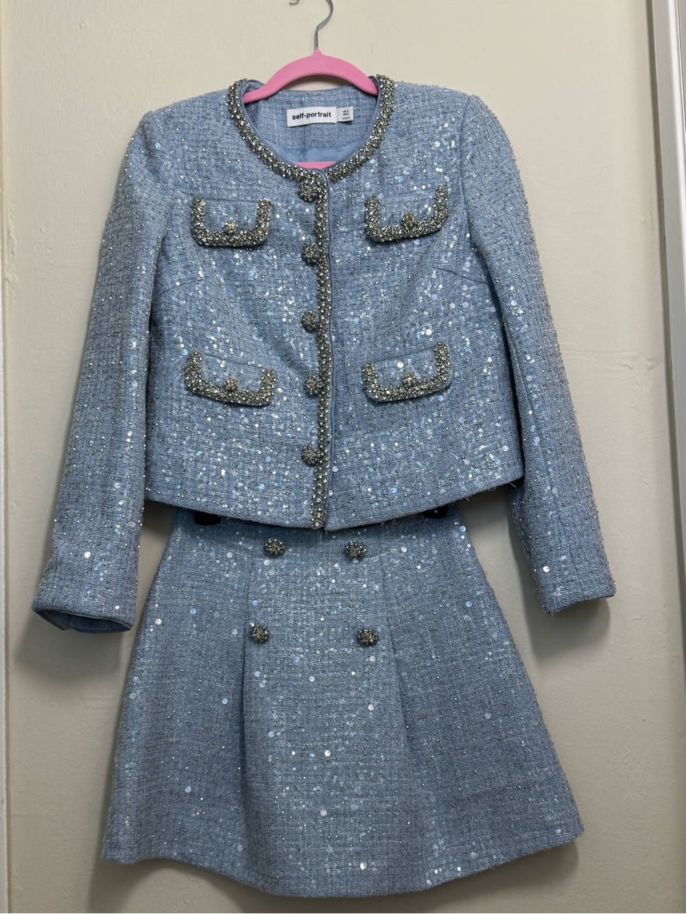 Self-Portrait Light Blue Sequined Tweed Jacket and Skirt Set